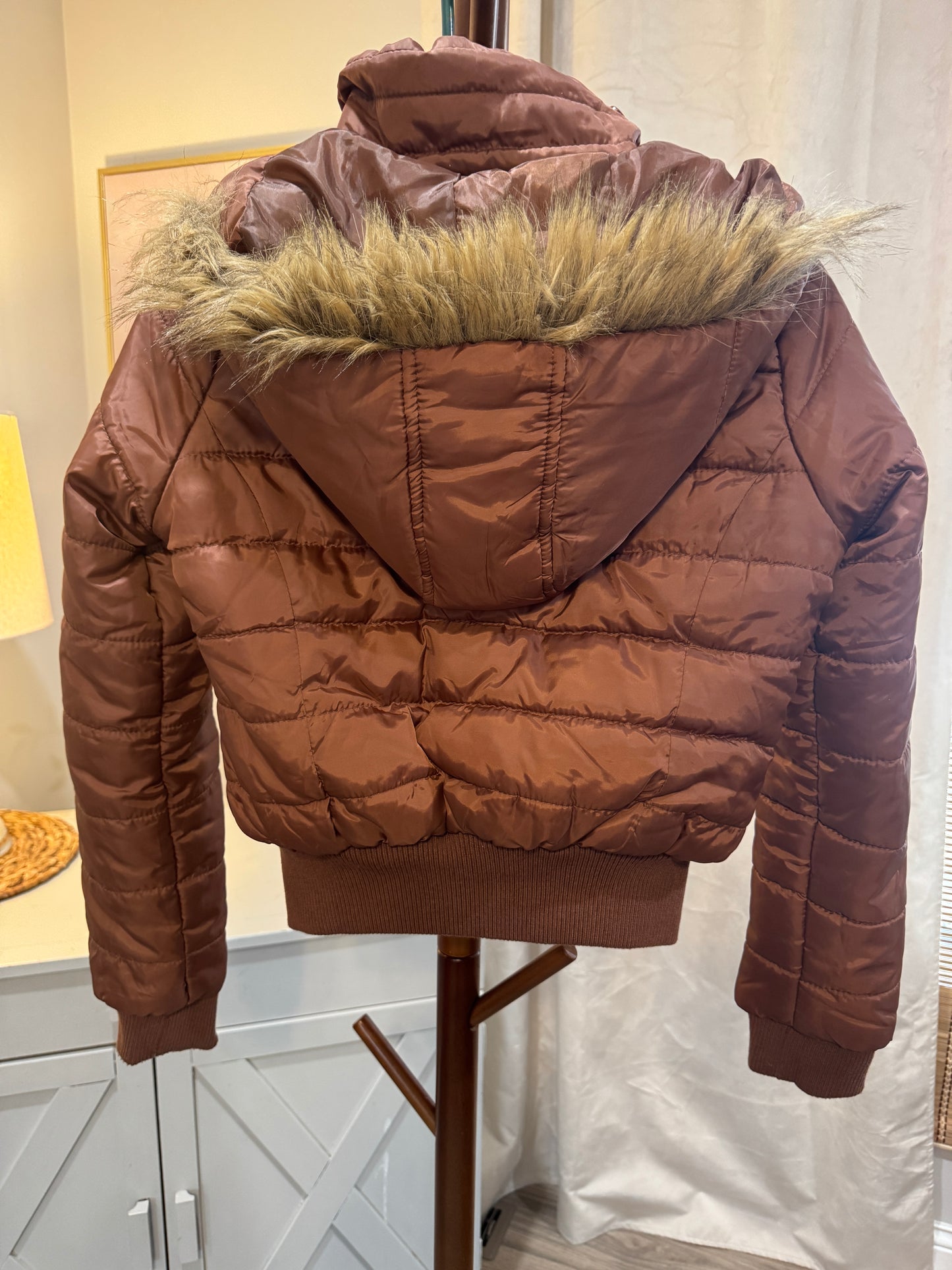 Brown Puffer Zip Up Coat with Faux Fur Lined Hood