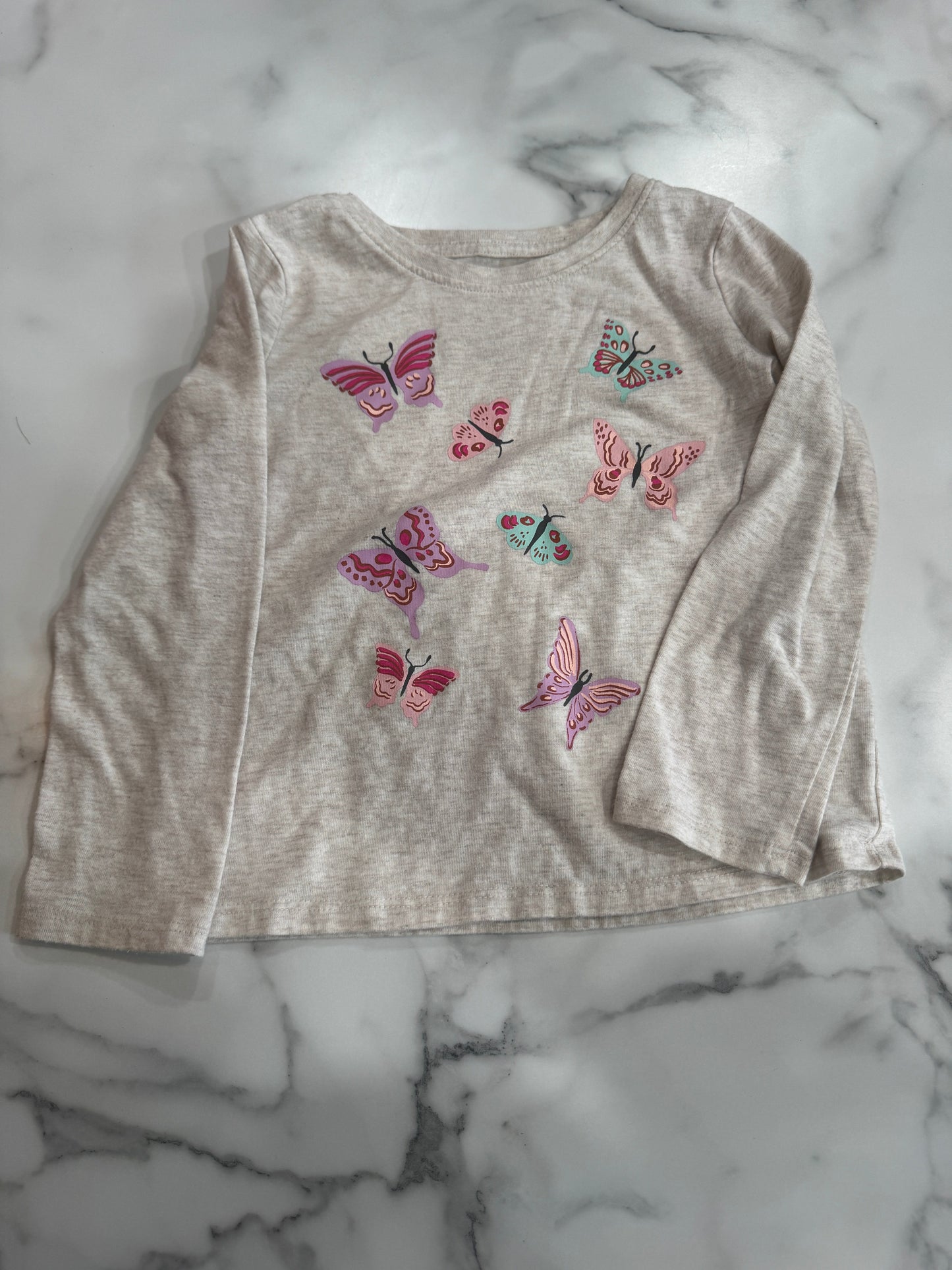 Beige Grey Butterfly Long Sleeve Softest Tee 4T