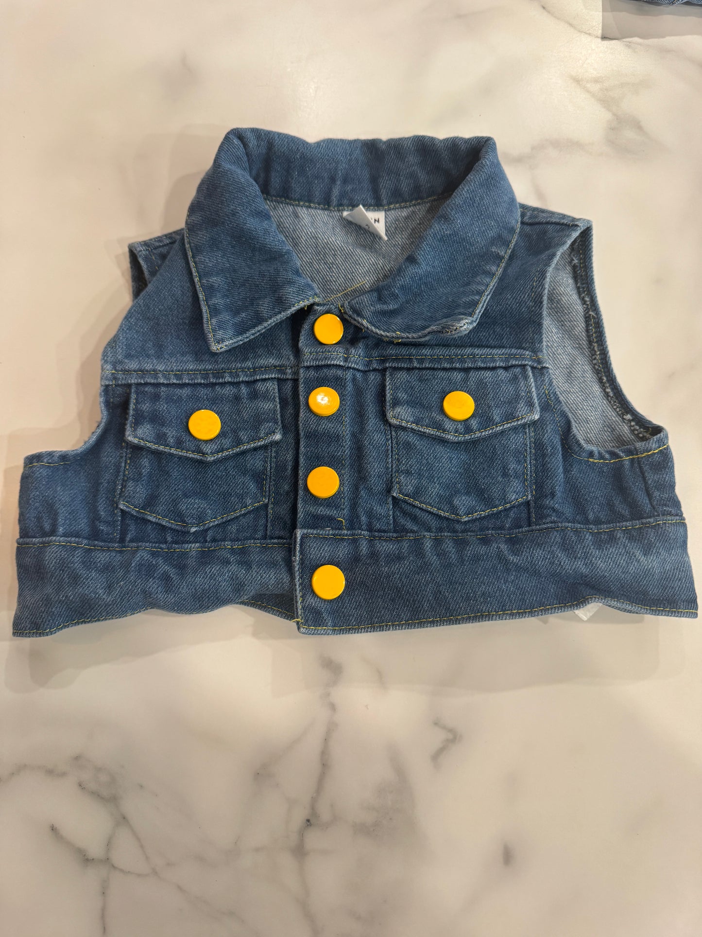 Yellow Fitted Romper Set with Yellow Buttoned Jean Vest 4T