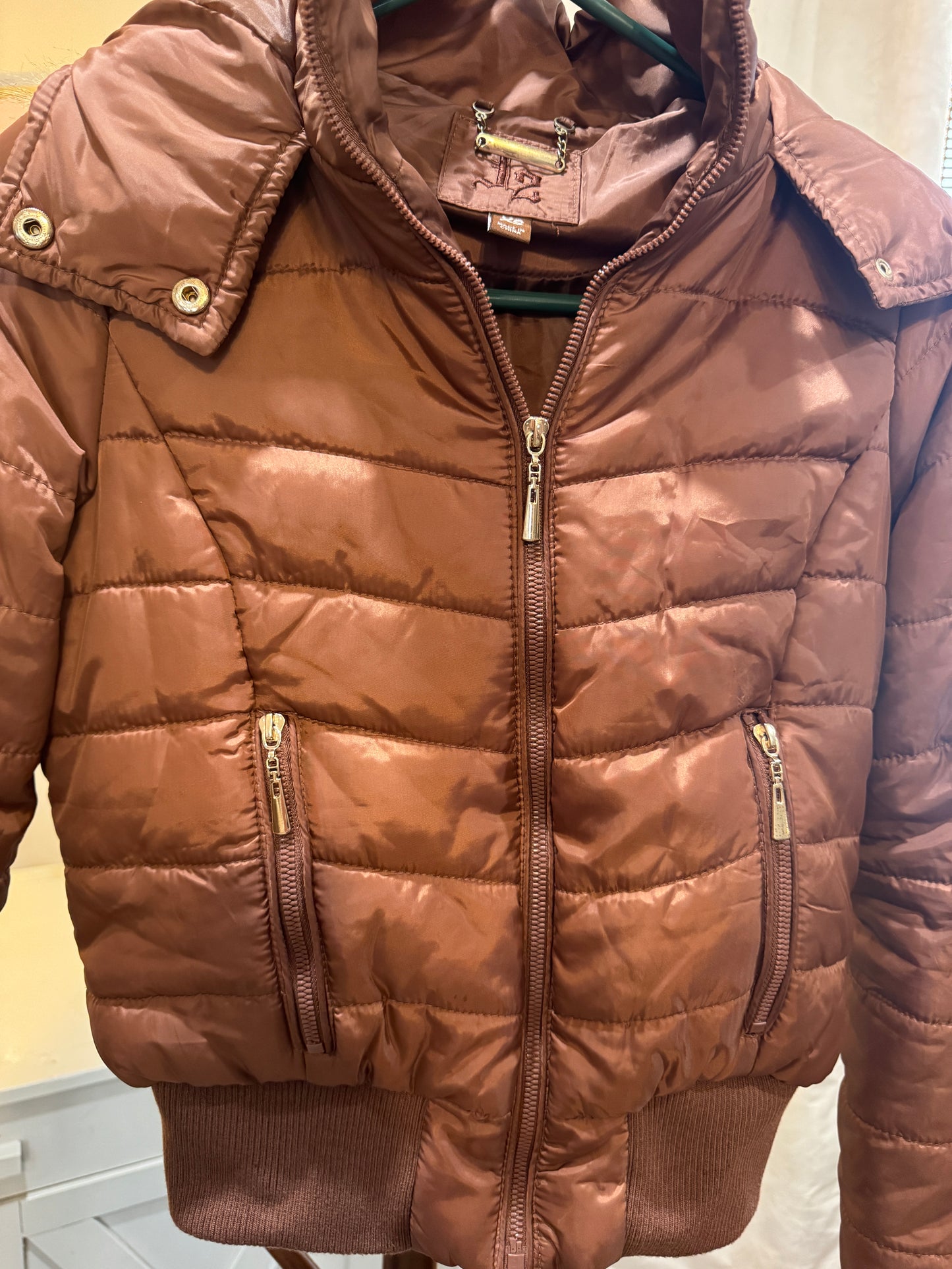 Brown Puffer Zip Up Coat with Faux Fur Lined Hood