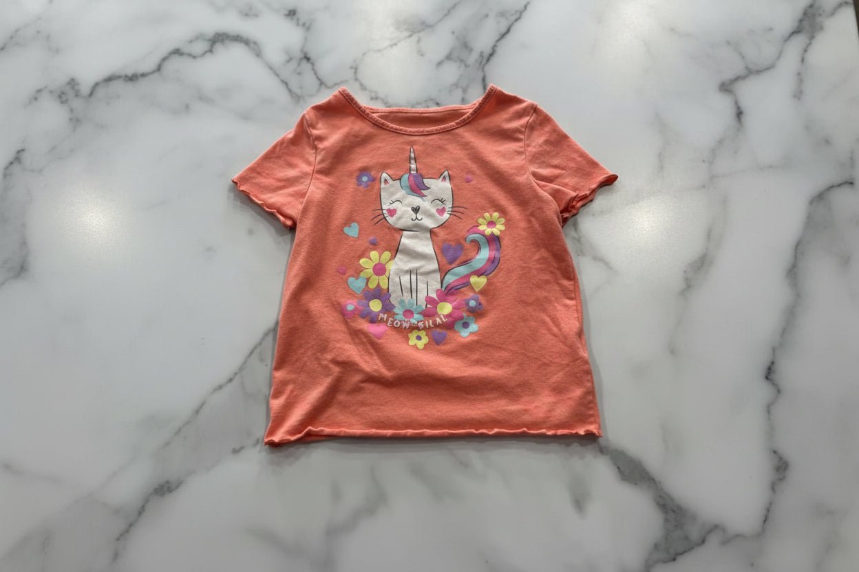 Coral Pink Short Sleeve Kitty Print 5T - Haven on Summer HillGirl's Apparel