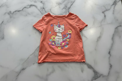 Coral Pink Short Sleeve Kitty Print 5T - Haven on Summer HillGirl's Apparel