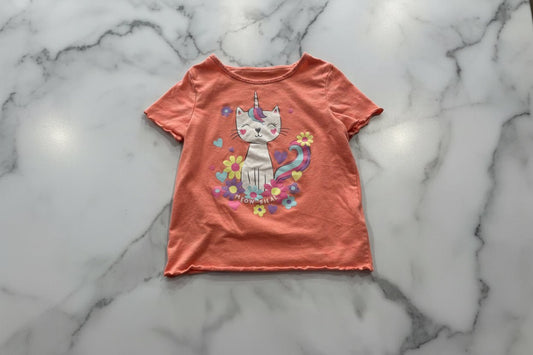 Coral Pink Short Sleeve Kitty Print 5T - Haven on Summer HillGirl's Apparel
