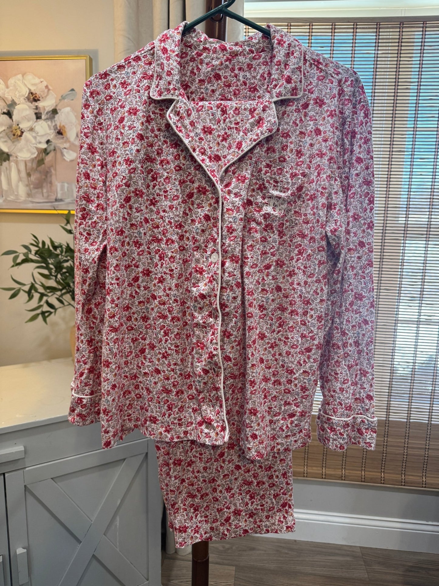Red and Pink Floral Print Button Up Pajama Top and Pant Set, Women's XL - Haven on Summer HillWomen's Apparel