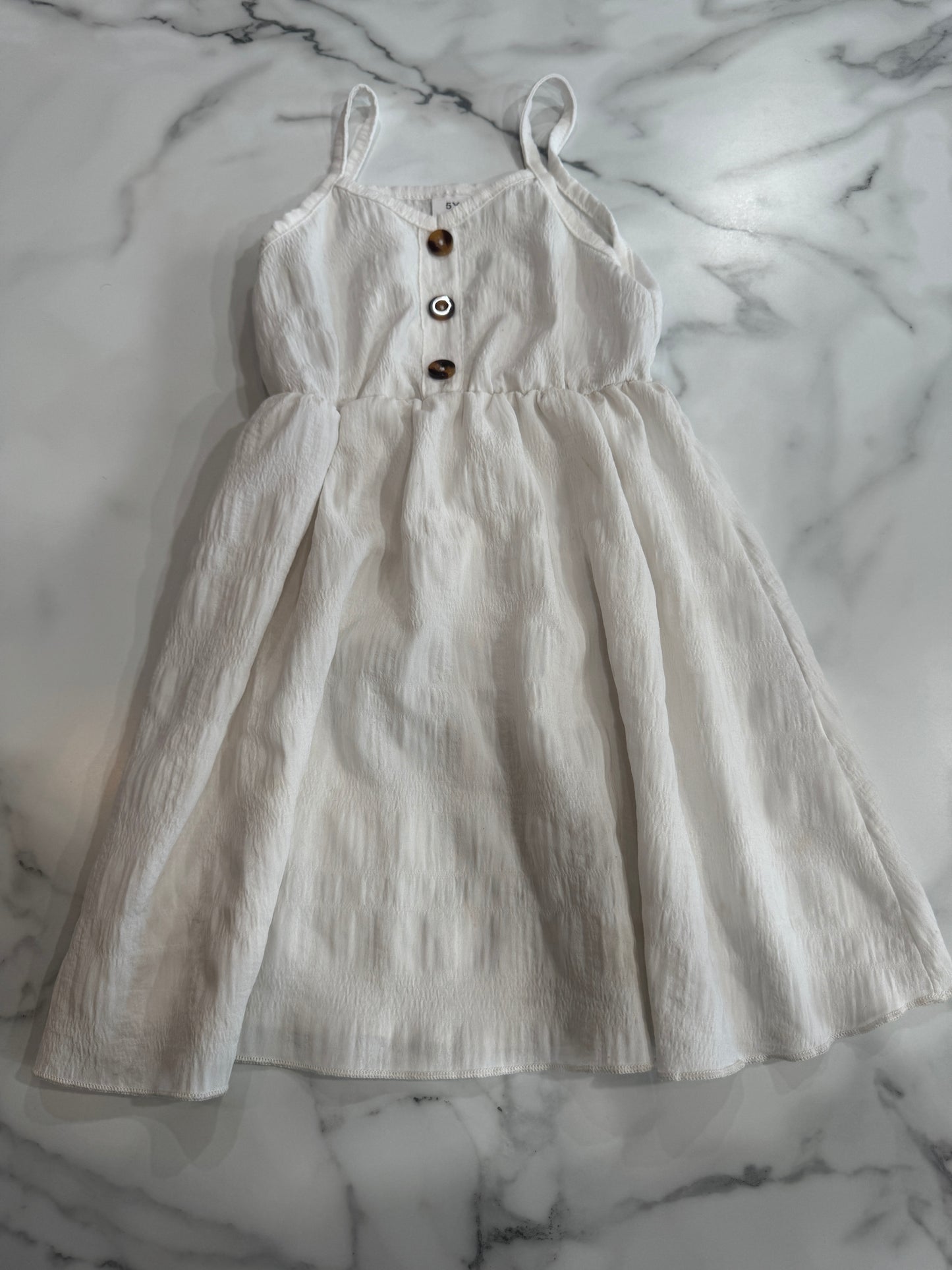 White Dress (unlined) with Brown Buttons 5T