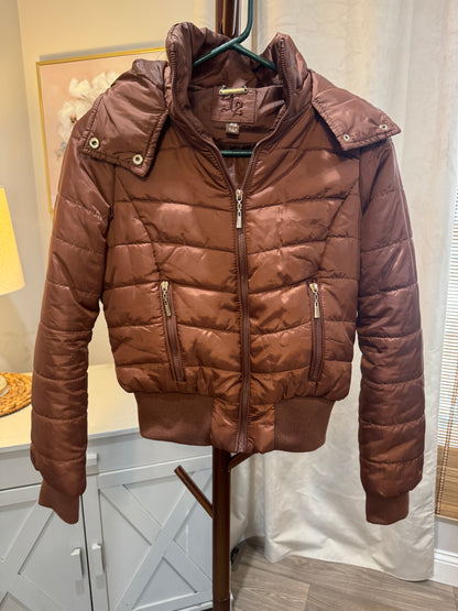 Brown Puffer Zip Up Coat with Faux Fur Lined Hood