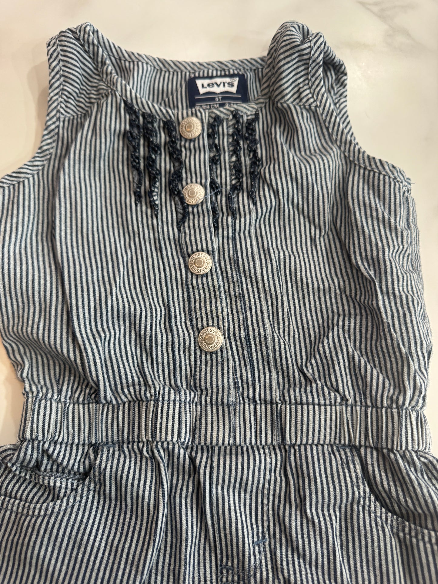 Levi Demin Stripe Romper with Back Pockets 4T