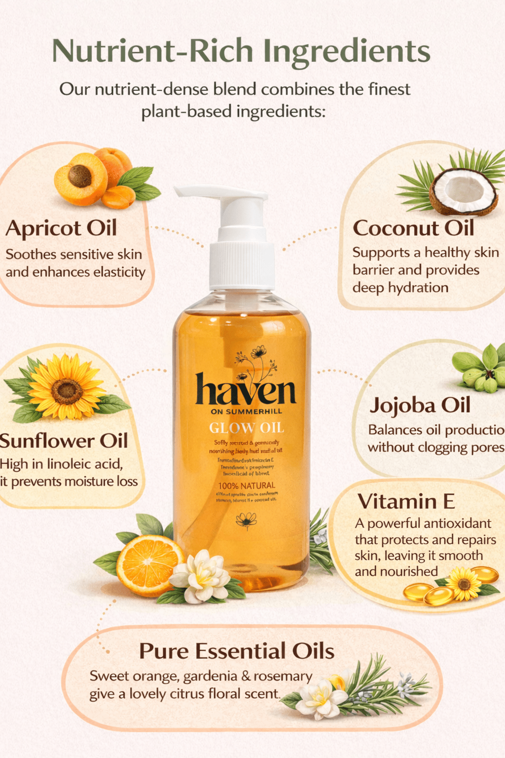 All Natural Citrus Floral Vitamin E Glow Oil - Haven on Summer HillBody Oil8oz Pump Bottle