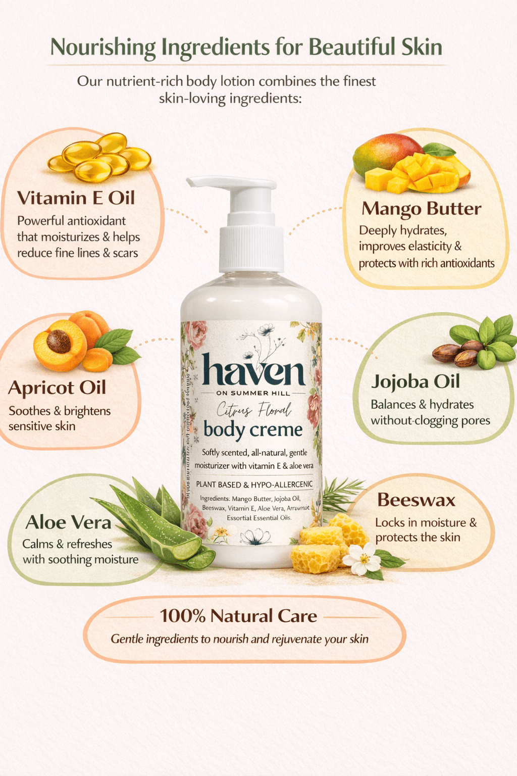 All Natural Citrus Floral Body Creme with Aloe Vera & Vitamin E - Haven on Summer HillLotion8oz