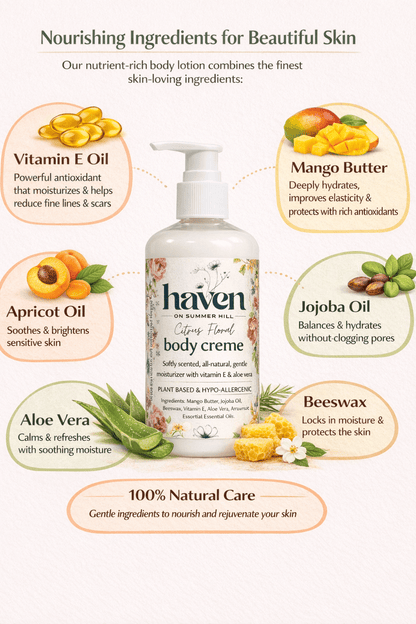All Natural Citrus Floral Body Creme with Aloe Vera & Vitamin E - Haven on Summer HillLotion8oz
