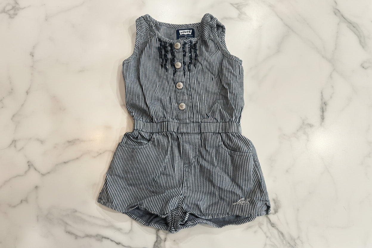 Levi Demin Stripe Romper with Back Pockets 4T