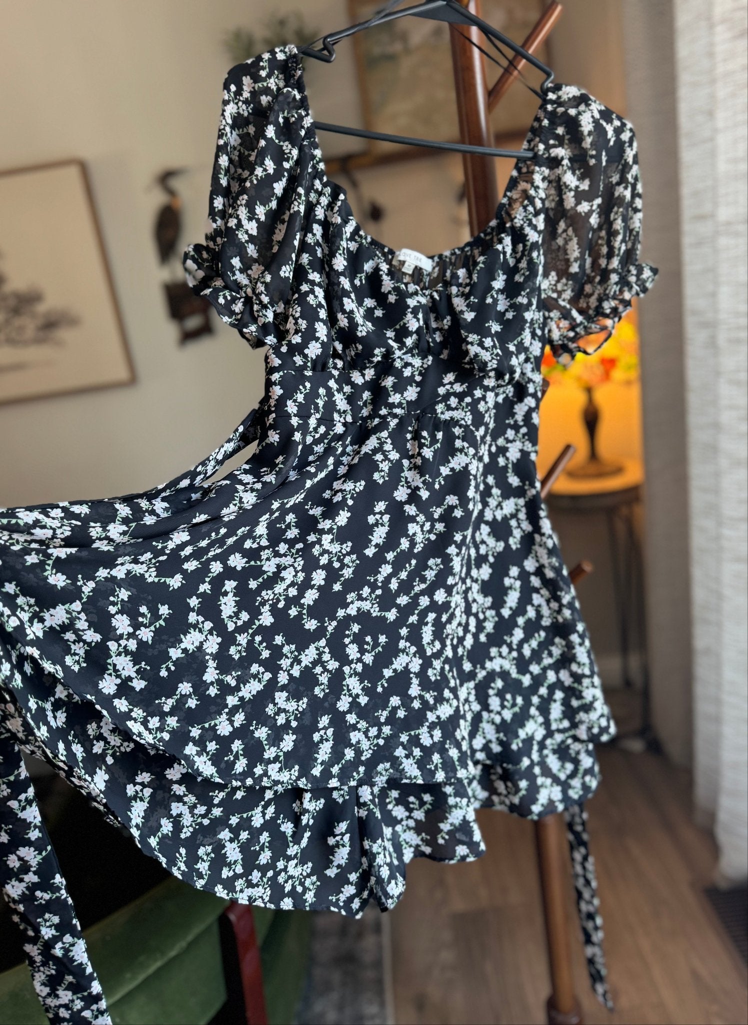 Black Floral Tiered Skirt Romper, Women's M - Haven on Summer HillWomen's Apparel