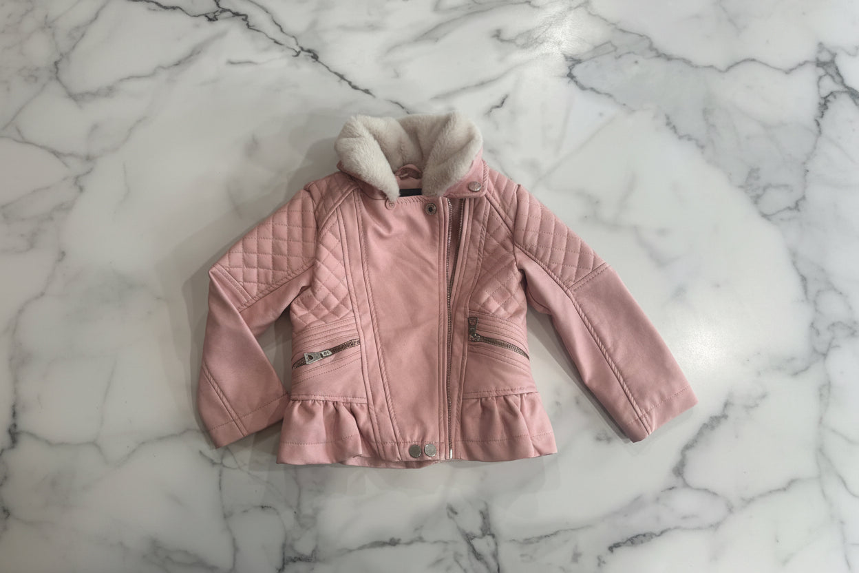 Pink Ruffle Moto Bomber Jacket with Fur Detail 3T