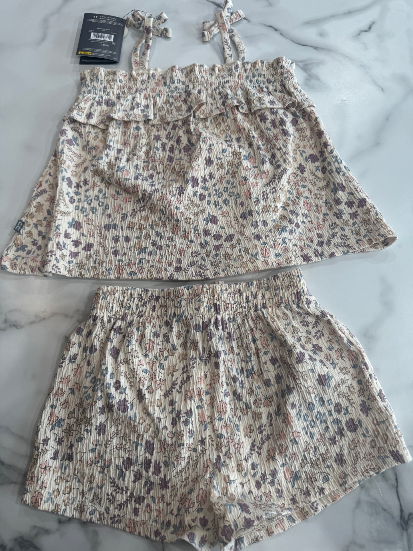 Soft Dusty Floral Print Set with Ruffle and Bow Details 4T