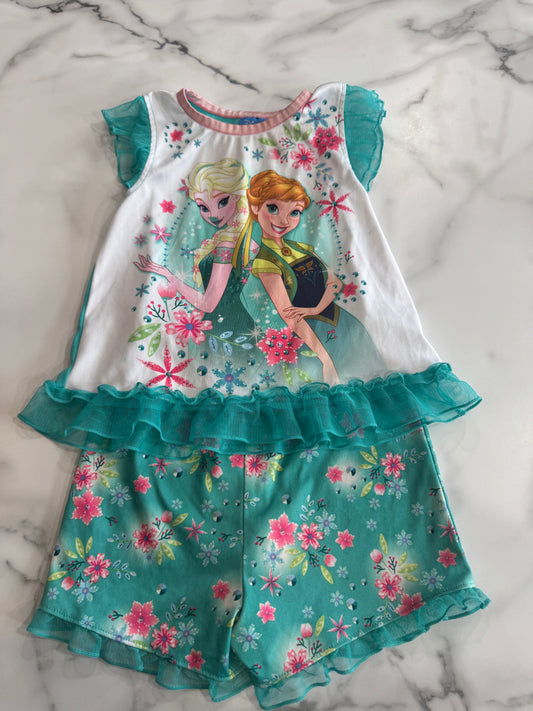 Disney Frozen Teal Lounge Set with Floral Shorts 4T
