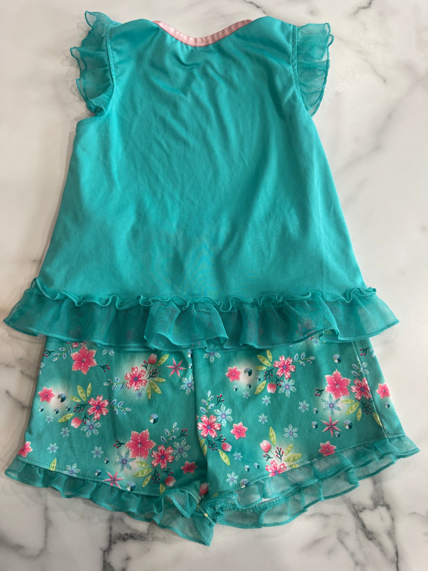 Disney Frozen Teal Lounge Set with Floral Shorts 4T