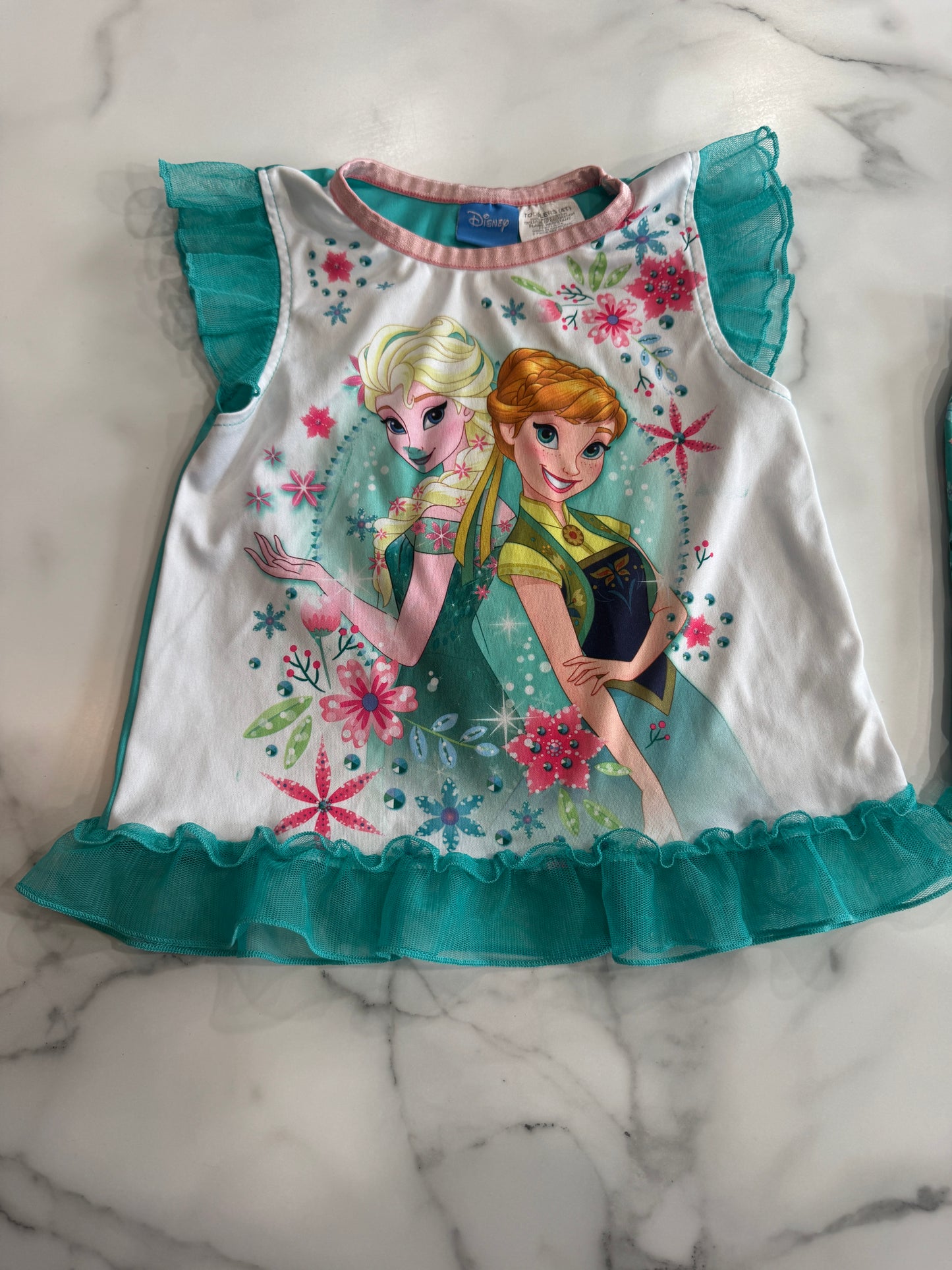 Disney Frozen Teal Lounge Set with Floral Shorts 4T