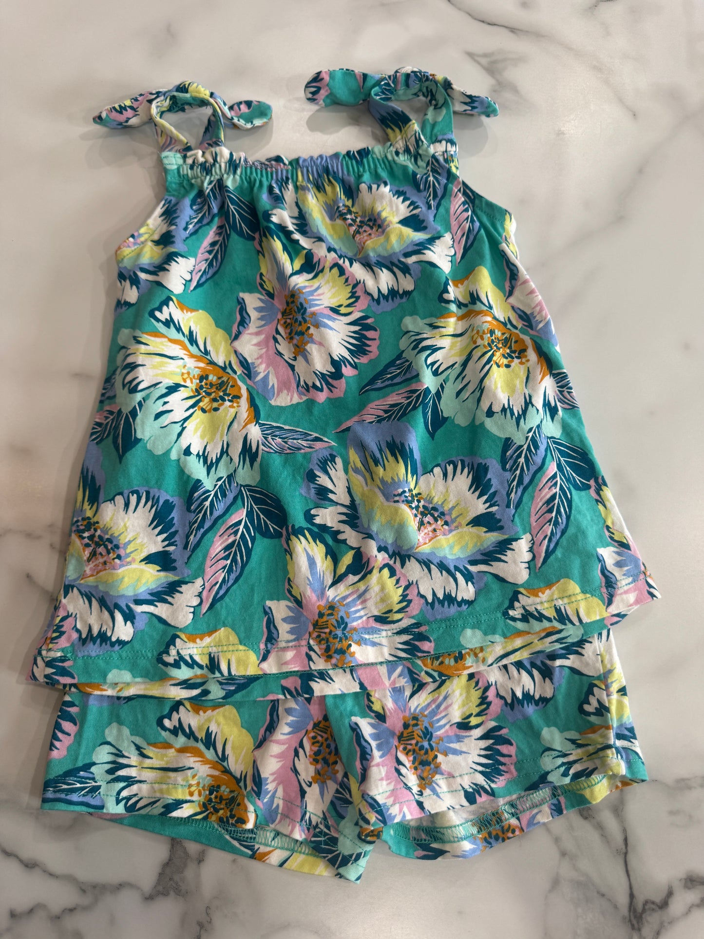 Teal Tropical Print 2 Piece Set with Tie Strap Detail 4T