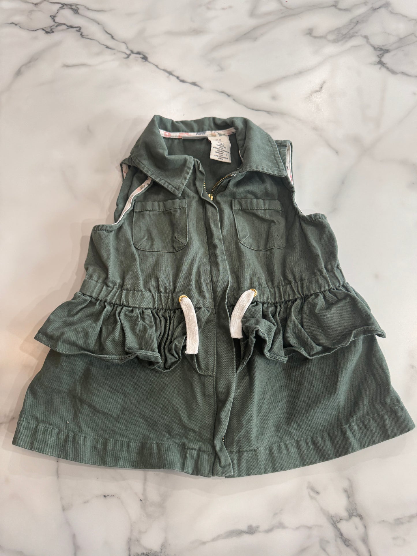 Green Zip Front, Ruffle Waist Vest 4/5T