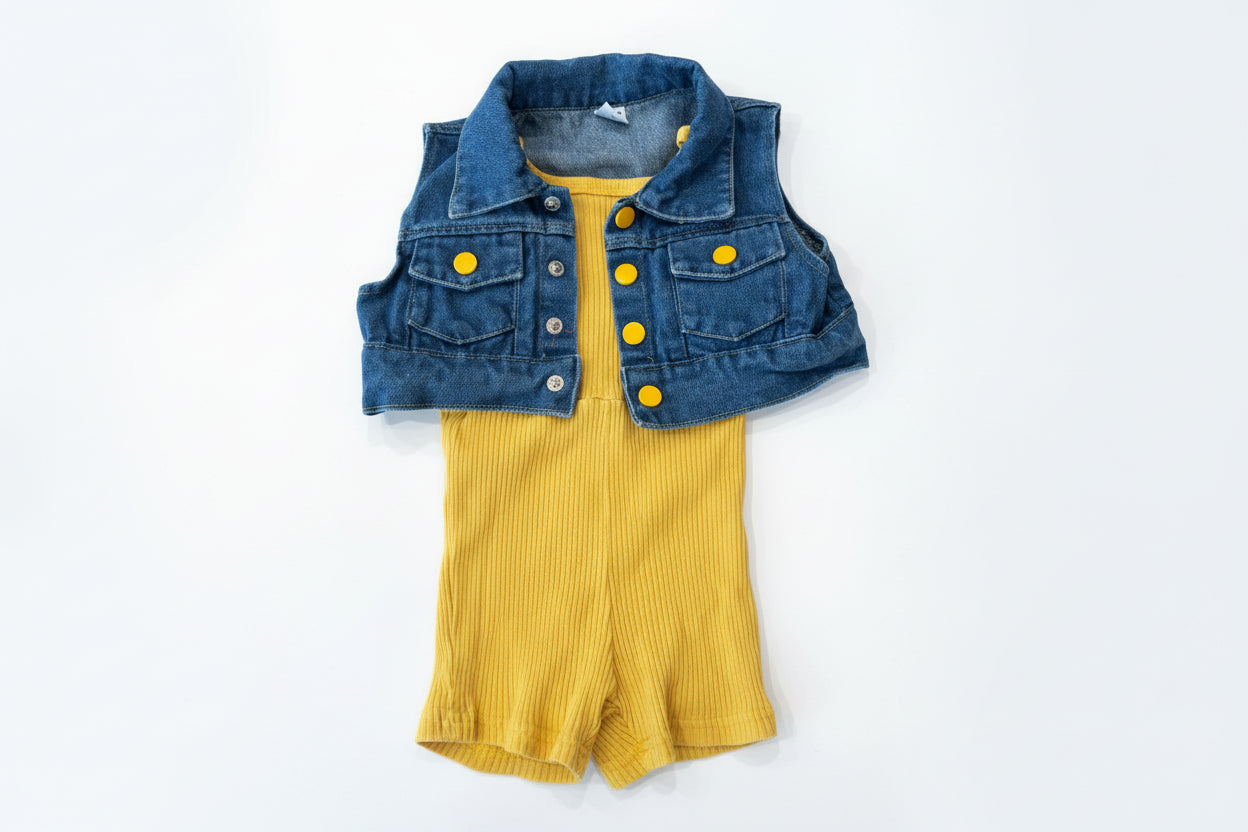 Yellow Fitted Romper Set with Yellow Buttoned Jean Vest 4T