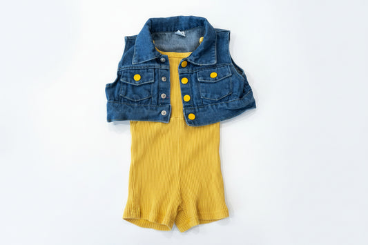 Yellow Fitted Romper Set with Yellow Buttoned Jean Vest 4T