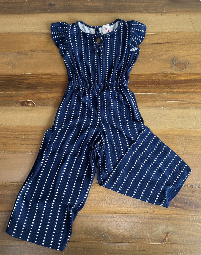 Soft Navy Jumpsuit with Ruffle Sleeve and Heart Print, Size 10