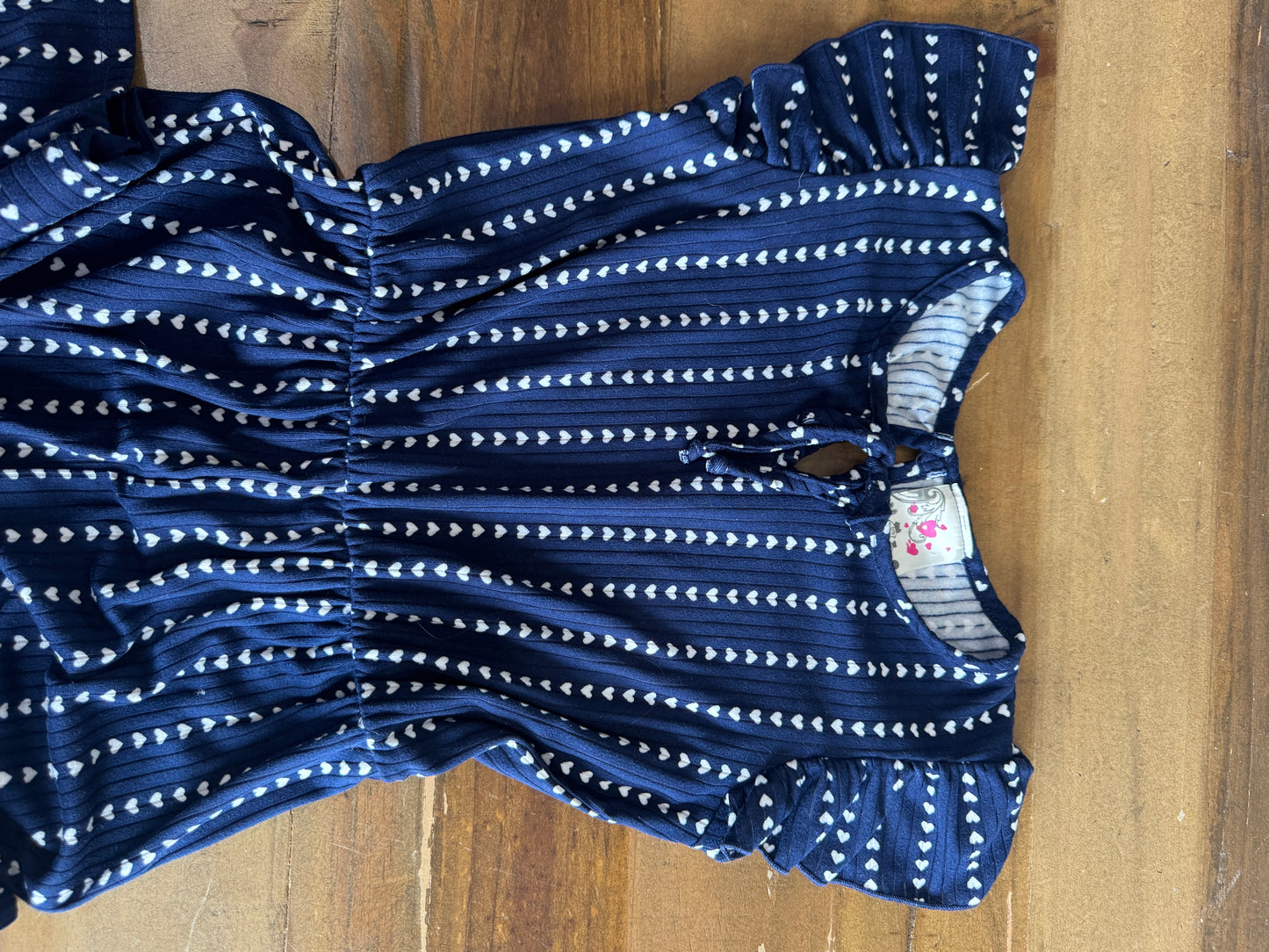 Soft Navy Jumpsuit with Ruffle Sleeve and Heart Print, Size 10