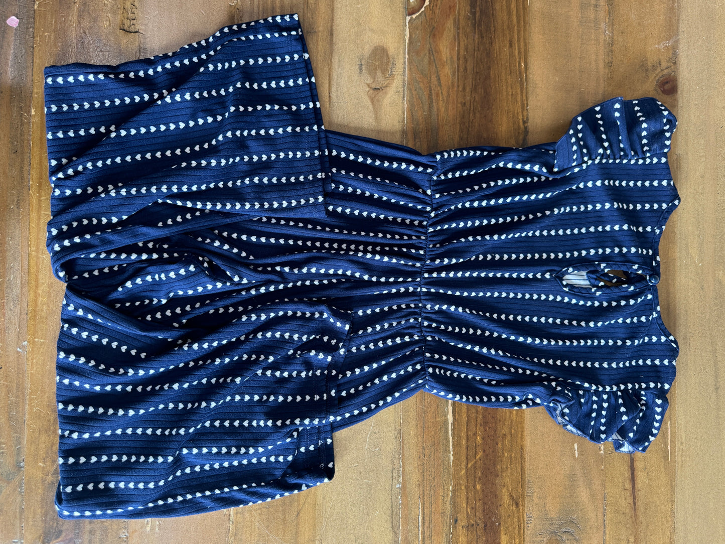 Soft Navy Jumpsuit with Ruffle Sleeve and Heart Print, Size 10