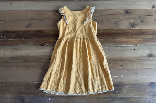 Girls Button Back Yellow Dress with Stitch Detail, Size 10